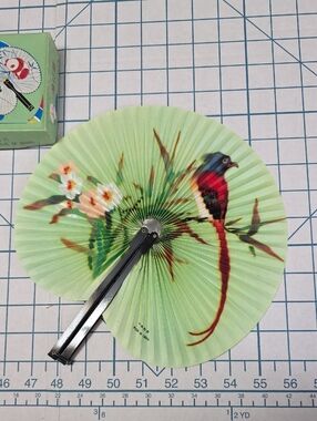 Chinese Paper Folding Hand Fan W/Metal Handle, VTG Mid-Century, #56